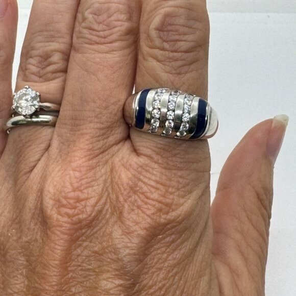 Sterling Silver Diamonique Blue Enamel and Rounds Ring size 9 Dome .925 CZ New - Picture 9 of 9